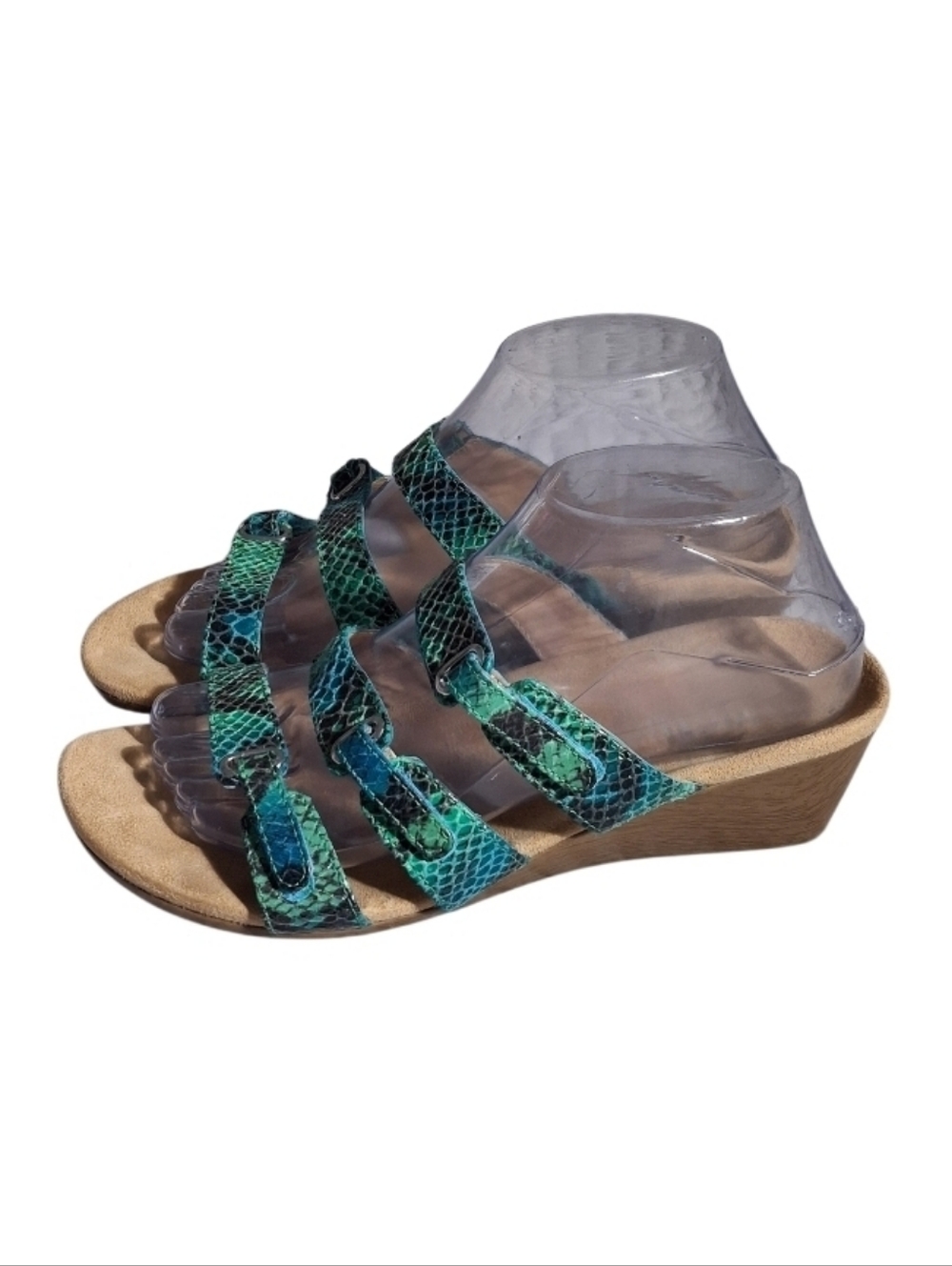 Vionic Dwyn Women Size 8 Green Snakeskin Print 3-strap Wedge Sandals